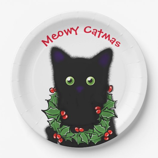 Assiettes En Carton Chat Noir | Meowy Catmas Holly baies Noël (Devant)