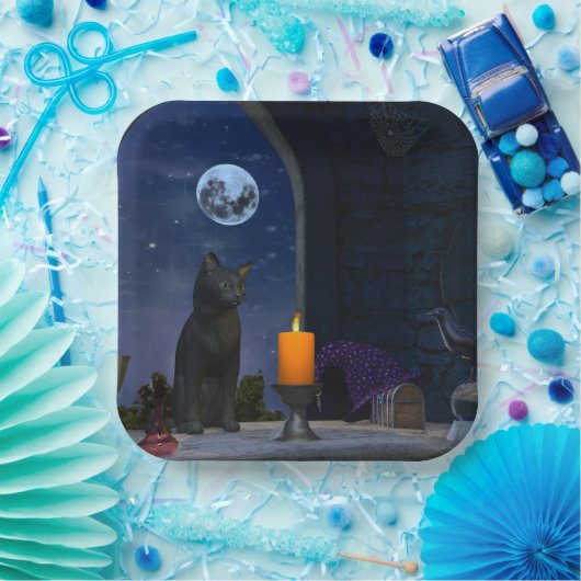 Assiettes En Carton Chat noir mignon à la chandelle (Fête)