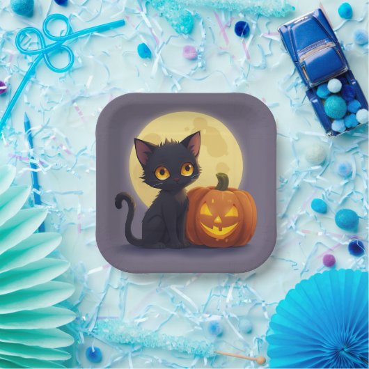 Assiettes En Carton Chat noir mignon avec Citrouille sculpté brillant (Fête)