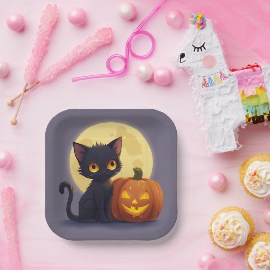 Assiettes En Carton Chat noir mignon avec Citrouille sculpté brillant (Fête)