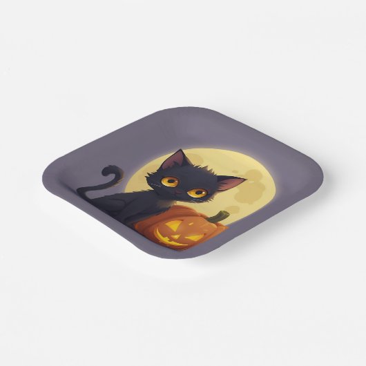 Assiettes En Carton Chat noir mignon avec Citrouille sculpté brillant (Angulaire)