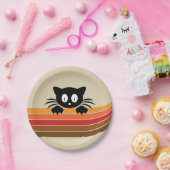 Assiettes En Carton Chat noir mignon avec rayures rétro (Fête)