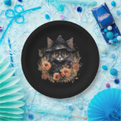 Assiettes En Carton Chat noir mignon dans le Casquette d'une sorcière (Fête)