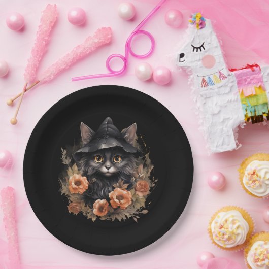Assiettes En Carton Chat noir mignon dans le Casquette d'une sorcière (Fête)