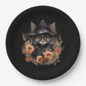 Assiettes En Carton Chat noir mignon dans le Casquette d'une sorcière (Devant)