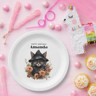 Assiettes En Carton Chat noir mignon dans une sorcière Casquette Anniv