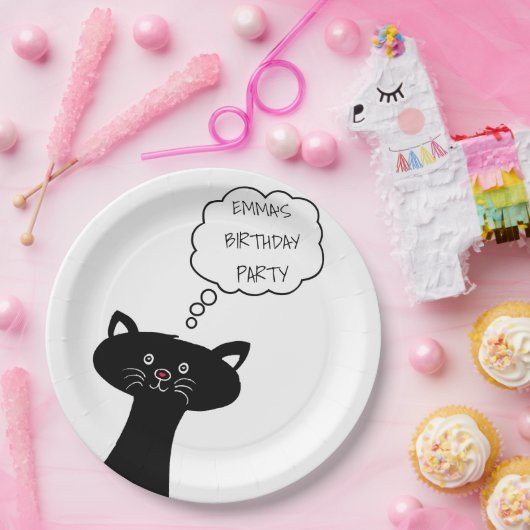 Assiettes En Carton Chat noir mignon - Plaques de papier personnalisée (Fête)