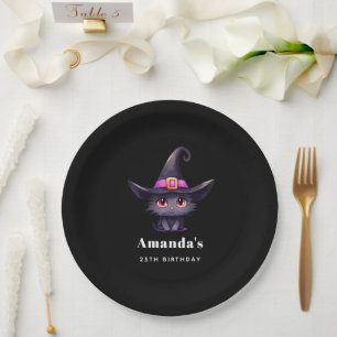 Assiettes En Carton Chat noir mignon portant une sorcière Casquette An