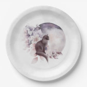 Assiettes En Carton Chat noir par une Pleine lune magique (Devant)