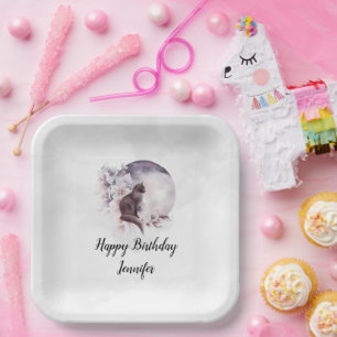Assiettes En Carton Chat noir par une Pleine lune magique Anniversaire