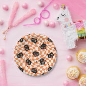 Assiettes En Carton Chat noir rétro Motif chèque orange (Fête)