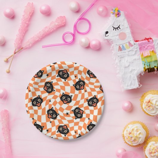 Assiettes En Carton Chat noir rétro Motif chèque orange (Fête)