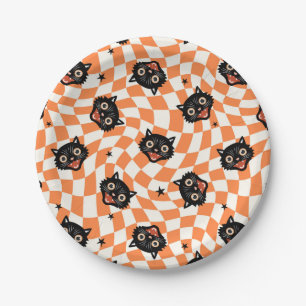 Assiettes En Carton Chat noir rétro Motif chèque orange