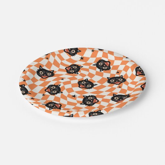 Assiettes En Carton Chat noir rétro Motif chèque orange (Angle)