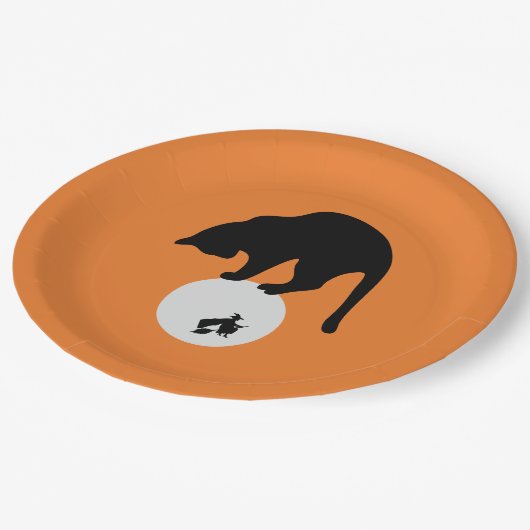 Assiettes En Carton Chat noir rétro sur la lune Halloween (Angle)