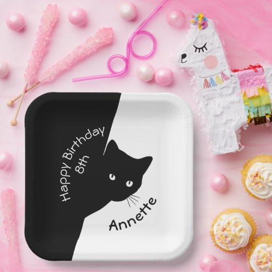 Assiettes En Carton Chat noir Sly Joyeux Anniversaire Année et nom (Fête)