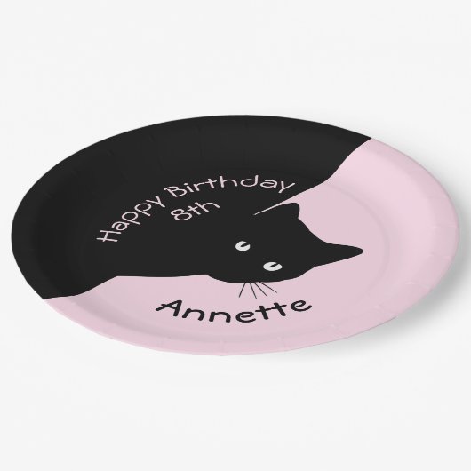 Assiettes En Carton Chat noir Sly Joyeux anniversaire Année et nom Pin (Angle)