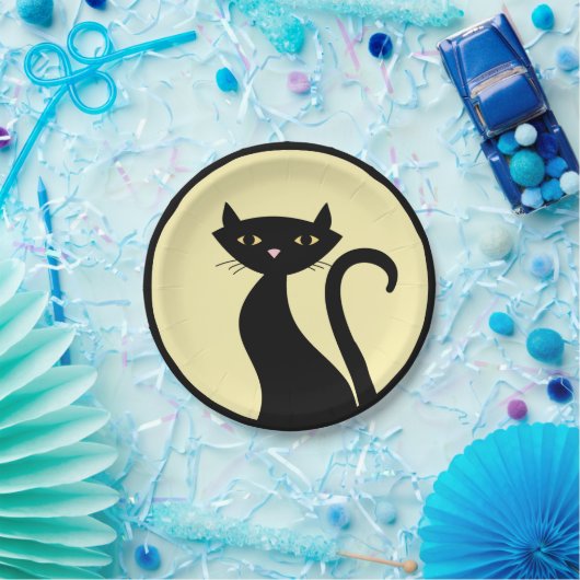 Assiettes En Carton Chat noir sur jaune (Fête)