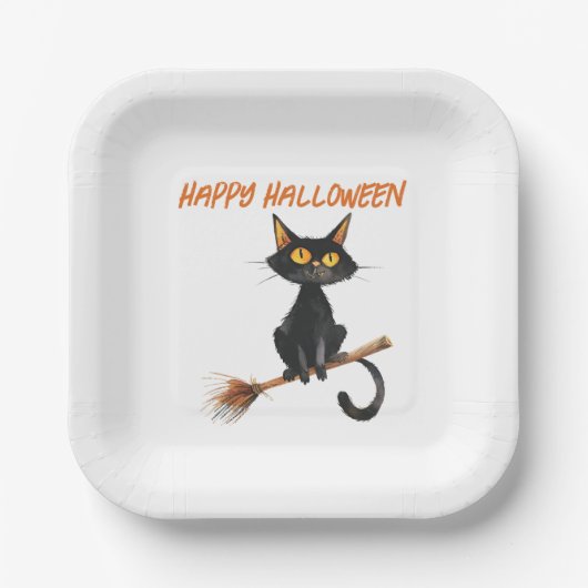 Assiettes En Carton Chat noir sur la chambre d'une sorcière Halloween (Recto)