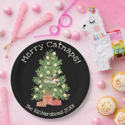 Assiettes En Carton Chat orange sur Chistmas Tree Joyeux Cataps ! Blac (Fête)