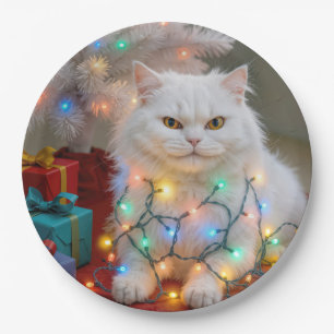 Assiettes En Carton Chat Persan de Noël empêtré dans les lumières de f