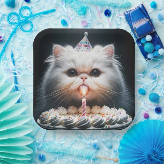 Assiettes En Carton Chat perse avec gâteau d'anniversaire (Fête)