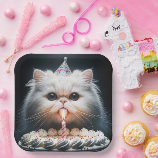 Assiettes En Carton Chat perse avec gâteau d'anniversaire (Fête)