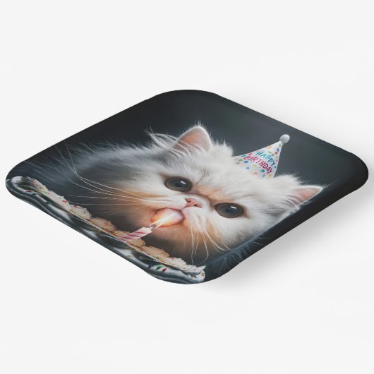 Assiettes En Carton Chat perse avec gâteau d'anniversaire (Angulaire)