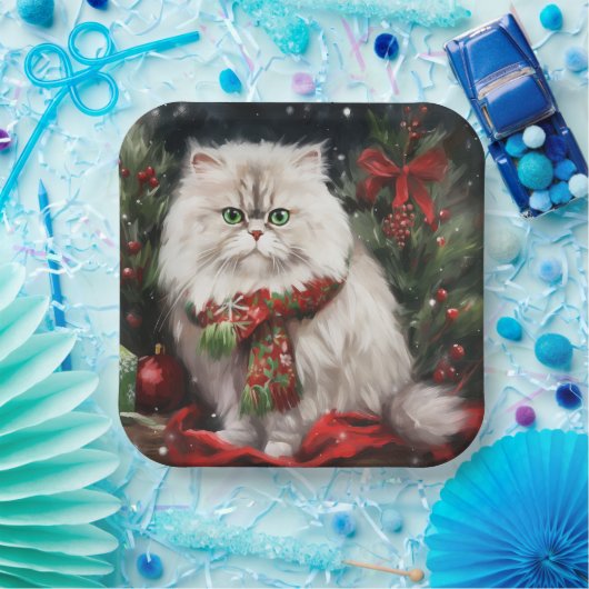 Assiettes En Carton Chat perse en Noël de neige (Fête)