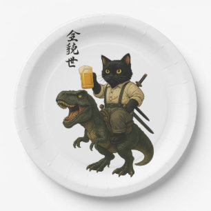 Assiettes En Carton Chat Samouraï avec Bière & T-Rex Art Japonais Ré