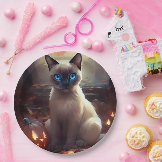 Assiettes En Carton Chat Siamais Halloween Avec Peur Citrouille (Fête)