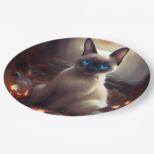 Assiettes En Carton Chat Siamais Halloween Avec Peur Citrouille (Angle)