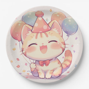 Assiettes En Carton Chat souriant mignon avec ballons Plaque de papier