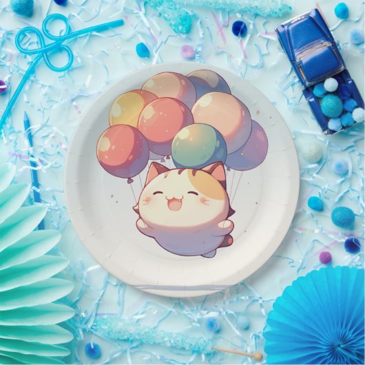Assiettes En Carton Chat souriant mignon avec ballons Plaque de papier (Fête)