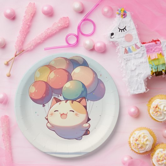 Assiettes En Carton Chat souriant mignon avec ballons Plaque de papier (Fête)
