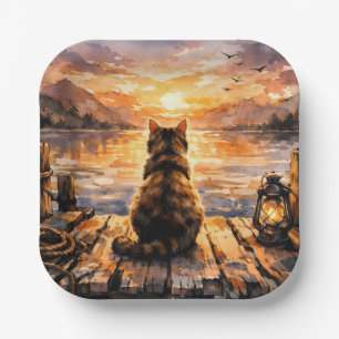 Assiettes En Carton Chat sur le quai au coucher du soleil