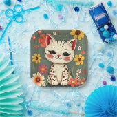 Assiettes En Carton Chat tacheté heureux avec des fleurs (Fête)