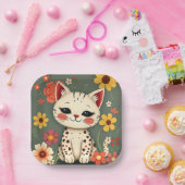 Assiettes En Carton Chat tacheté heureux avec des fleurs (Fête)