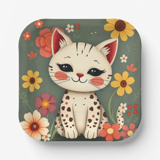 Assiettes En Carton Chat tacheté heureux avec des fleurs (Recto)