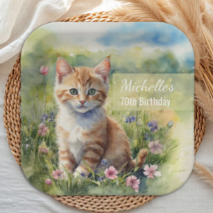Assiettes En Carton Chat tigré à l'aquarelle Fête champêtre 70e annive