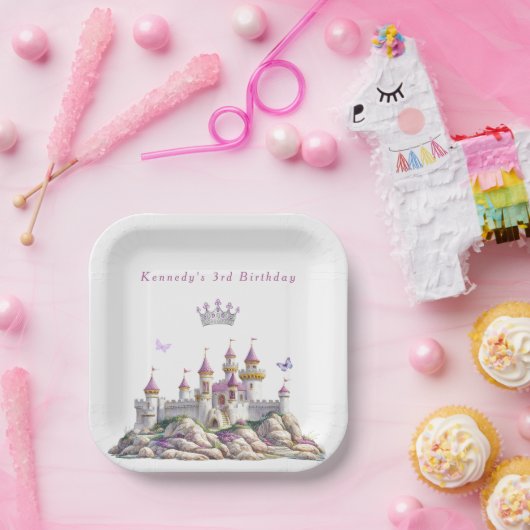 Assiettes En Carton Château de princesse Couronne argentée Pierres ros (Fête)