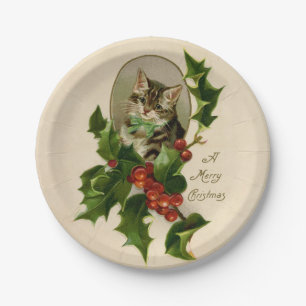 Assiettes En Carton Chaton de Noël victorien au houx antique tabby