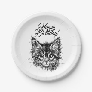 Assiettes En Carton Chaton noir et blanc visage Joyeux anniversaire