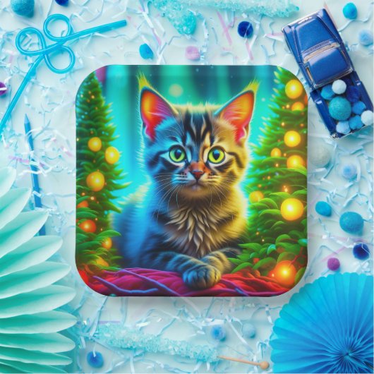 Assiettes En Carton Chatons gris mignons avec arbres de Noël (Fête)