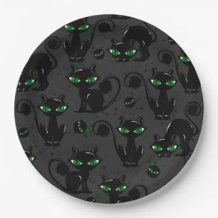 ASSIETTES EN CARTON CHATS À HALLOWEEN NOIR AVEC LES YEUX VERTS