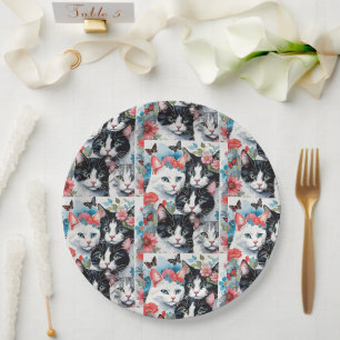 Assiettes En Carton Chats aux fleurs roses et papillons