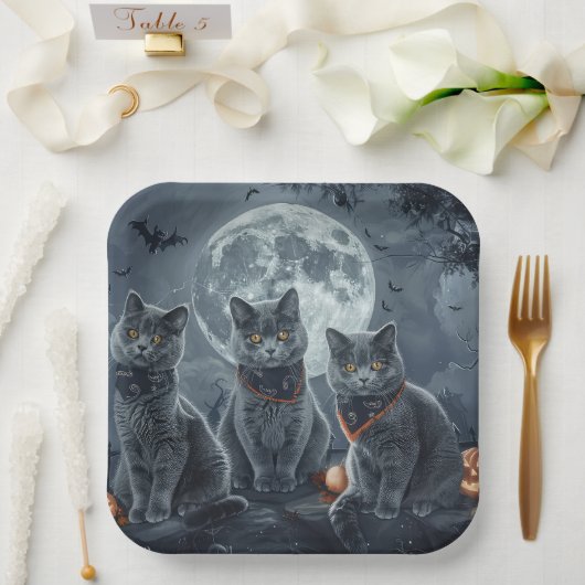 Assiettes En Carton Chats Bleus Russe Halloween Éffrayant (Mariage)