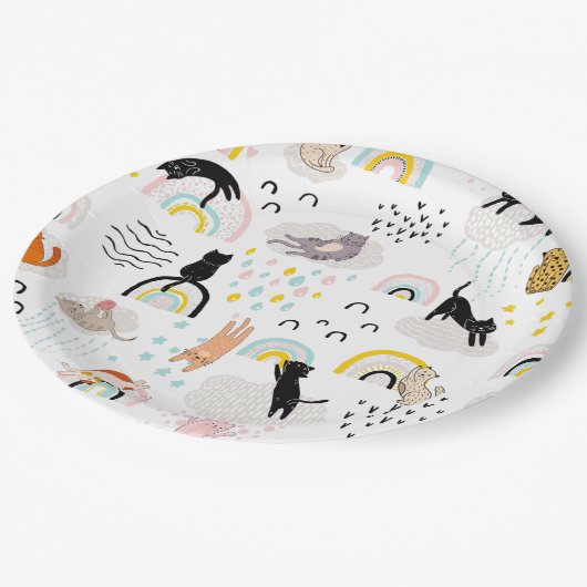 Assiettes En Carton Chats coquins avec Rainbows Motifs sans couture (Angle)