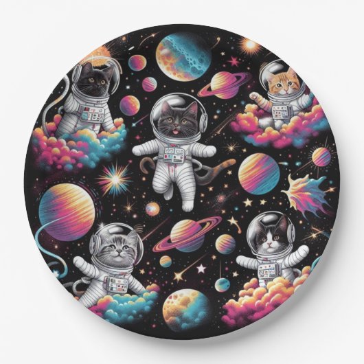 Assiettes En Carton Chats dans des plaques de papier spatial ! (Devant)