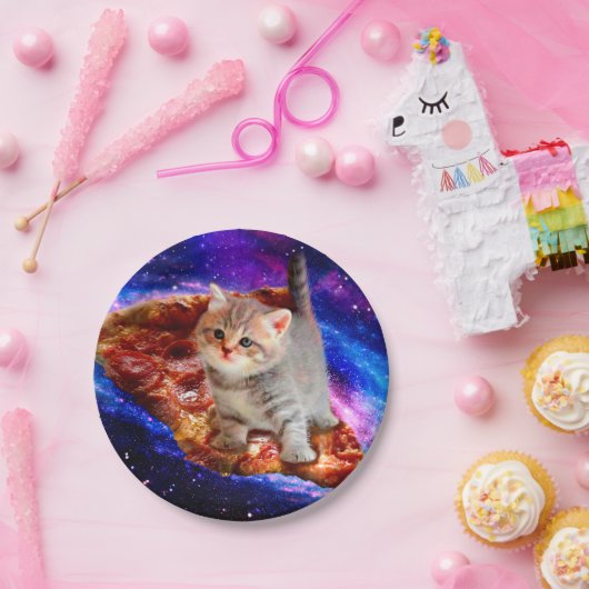 Assiettes En Carton Chats dans la pizza spatiale (Fête)